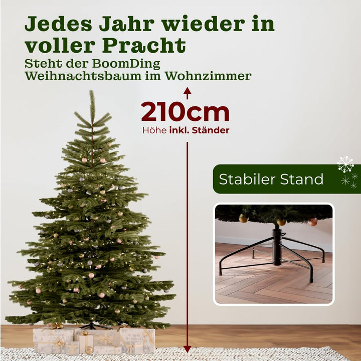 BoomDing Künstlicher Weihnachtsbaum mit Beleuchtung - extra naturgetreuer Tannenbaum (210 cm) inkl.