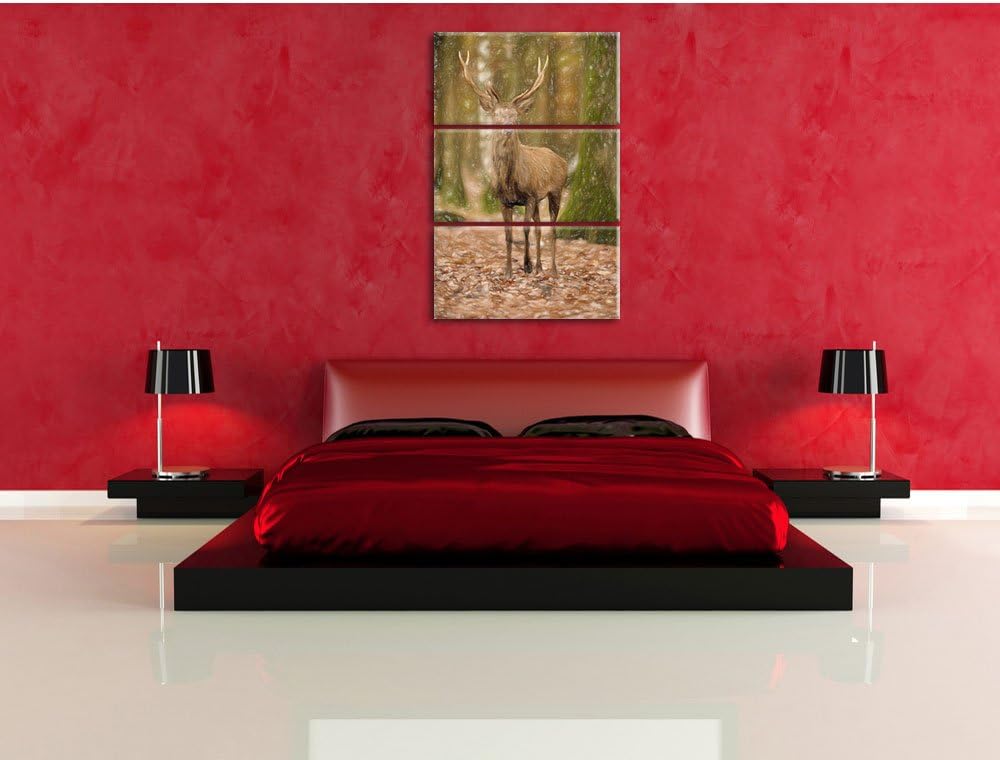 Pixxprint Schöner Hirsch im Wald Bunstift Effekt 3-Teiler Leinwandbild 120x80 Bild auf Leinwand