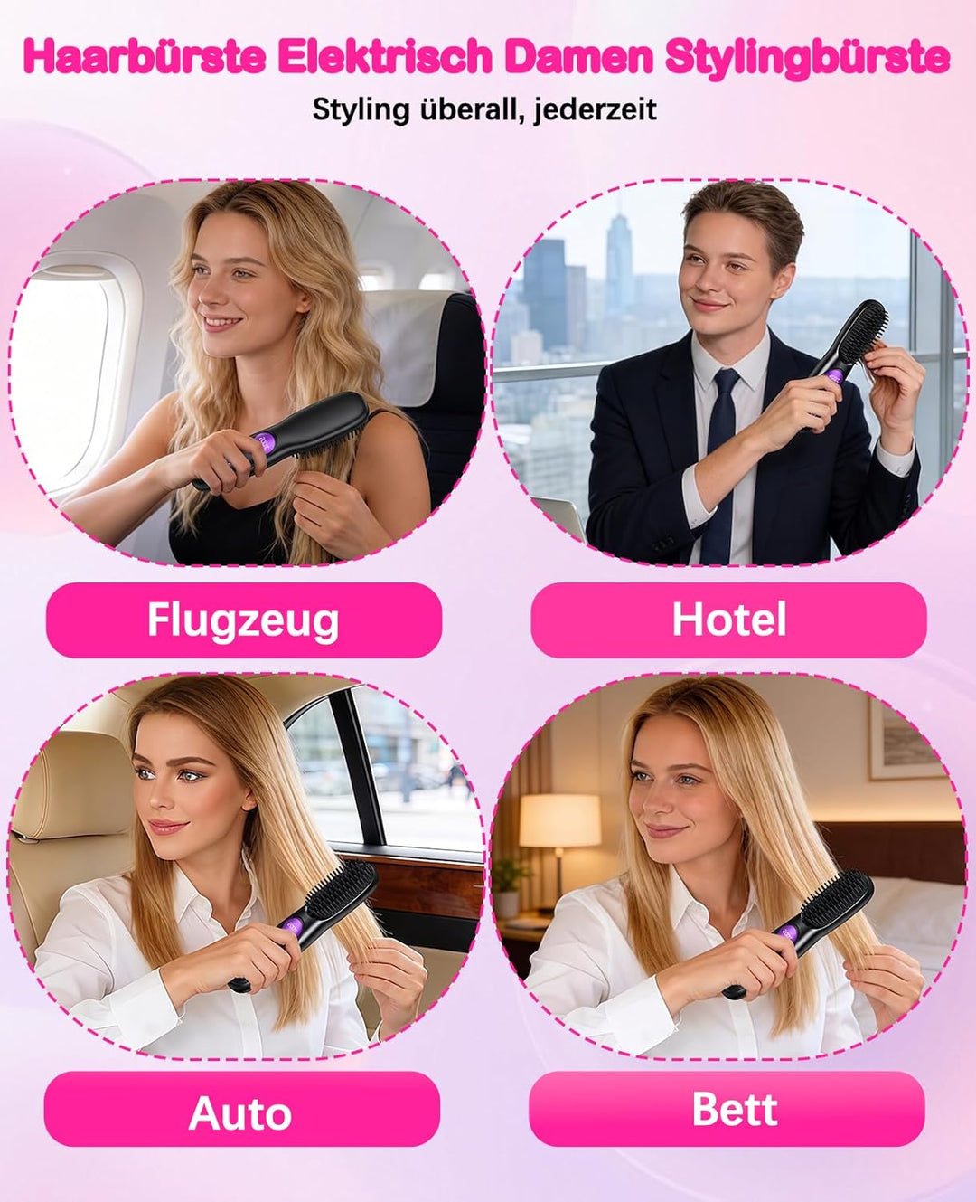Stylingbürste für Kurze Haare, Glättbürste Kabellos, Wiederaufladbare Haarglätter Bürste mit LED-Anz