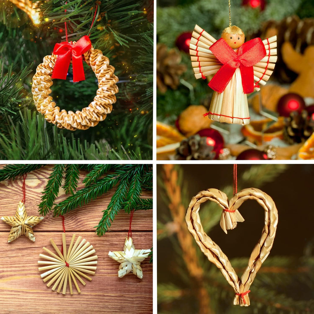 Strohsterne Weihnachtsbaum, 52 Stück Weihnachtlicher Baumschmuck Stroh Anhänger Strohstern, Christba