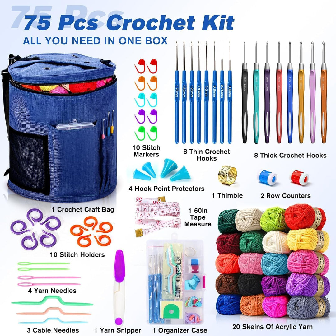 75 Farben Häkelwolle Set, Grosse Stricktasche, 20 Garnfarben, komplettes Set Mit Strickzubehör Einsc