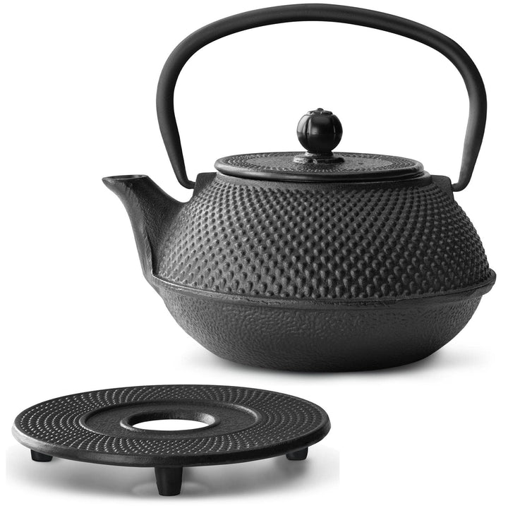 kleine schwarze Asia Teekanne Gusseisen Set 0.8 Liter Teekessel mit Henkel &amp; Edelstahl Tee-Filter-Si