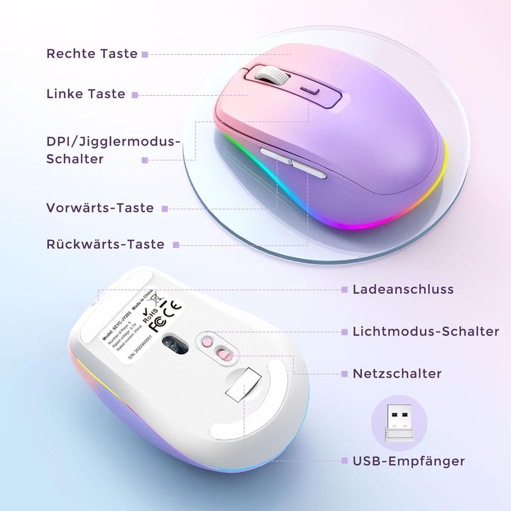Seenda Kabellose LED Maus, Wiederaufladbar Mit Jiggler, Leise 2.4G USB Funkmaus für Laptop, Computer