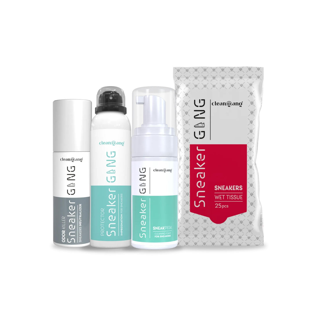 cleangang Premium Sneaker Reinigungsset, Reiniger, Spray &amp; Deo, Tücher | inkl. Imprägnierspray &amp; feu