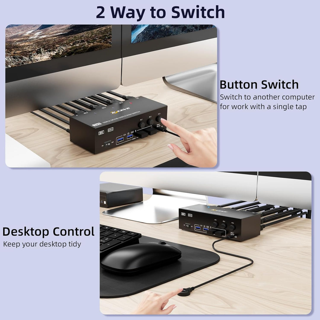 KVM Switch 3 PC 3 Monitore 8K@60Hz 4K@144Hz，Triple Monitor HDMI+2 Displayport KVM Switch 3 PC-Teilen