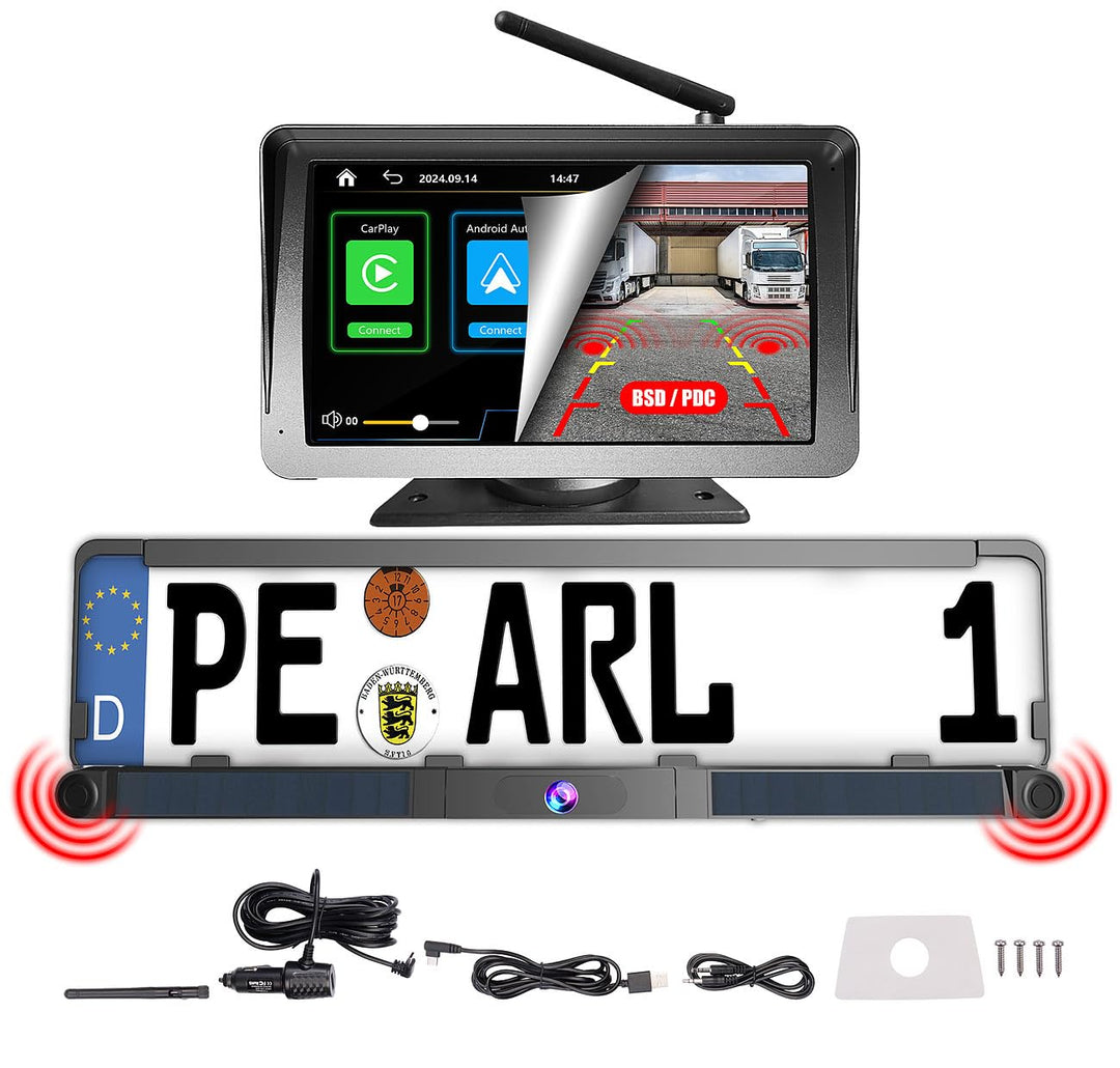 Lescars Auto Zubehör: Kabelloses Solar-Funk-Rückfahrkamera-Set, CarPlay-/Android-Auto-komp. (Abstand