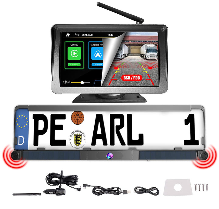 Lescars Auto Zubehör: Kabelloses Solar-Funk-Rückfahrkamera-Set, CarPlay-/Android-Auto-komp. (Abstand