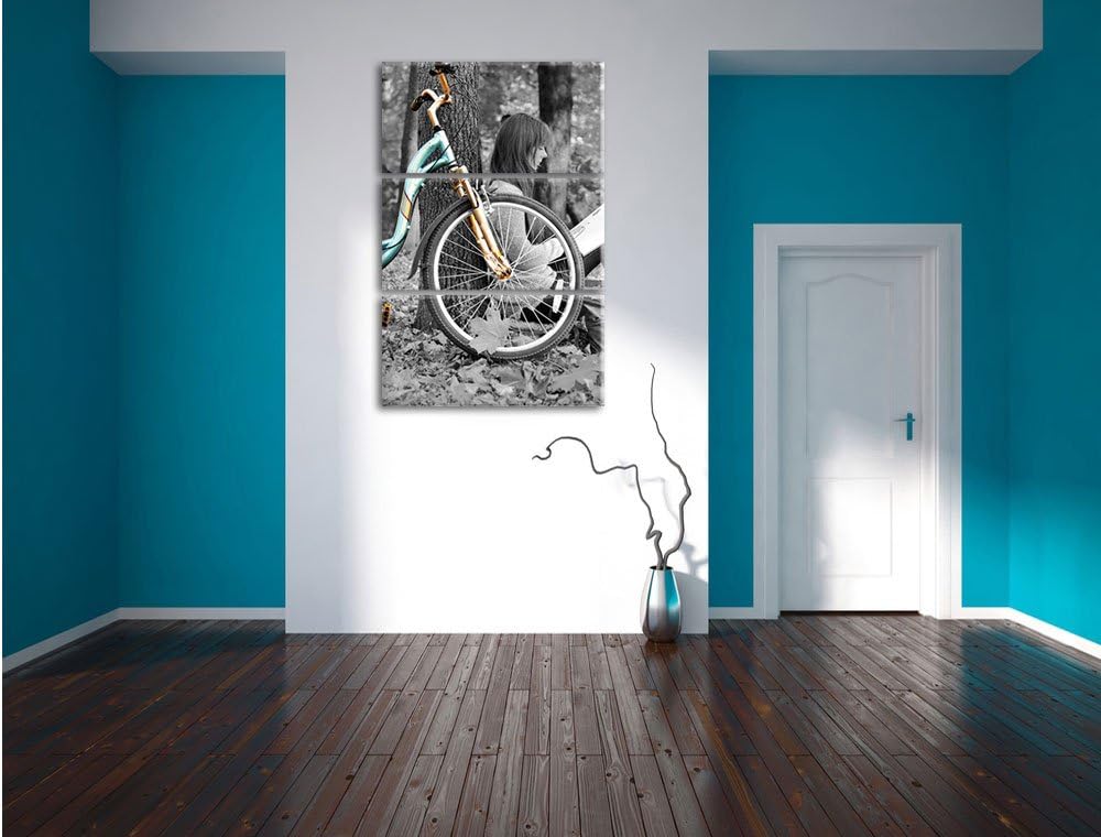 Pixxprint Junges Mädchen mit Fahrrad als Leinwandbild/Grösse: 3 Teilig (120x80) cm/Wandbild/Kunstdru