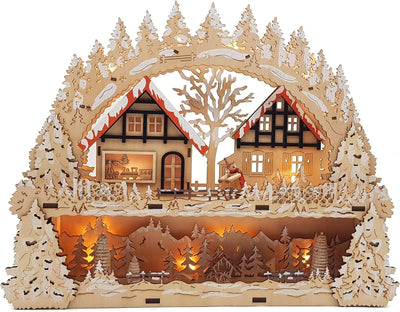 Wichtelstube-Kollektion Holzkunst LED Schwibbogen mit Podest Winterdorf im Erzgebirge Schwibbogen Li