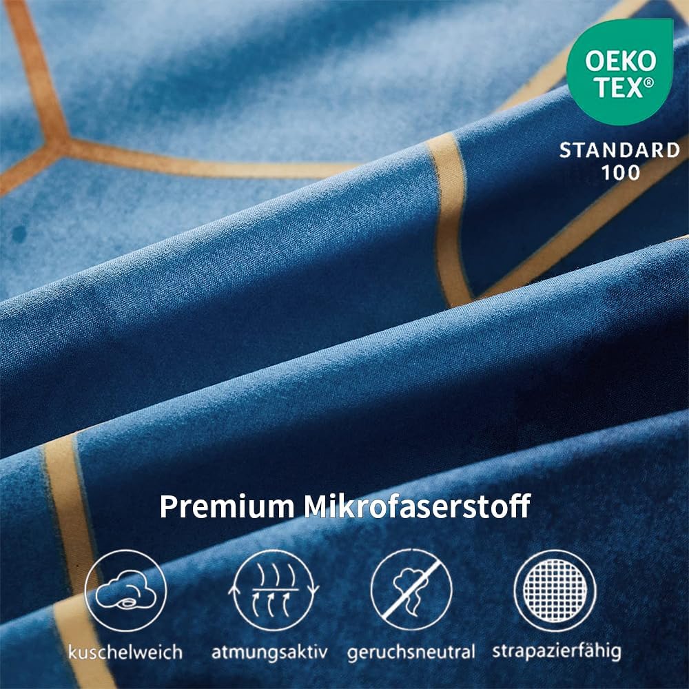 Freyamy Bettwäsche 200x200cm 3 Teilig Blau Kariert Marmor Wendebettwäsche Geometrische Modern Microf
