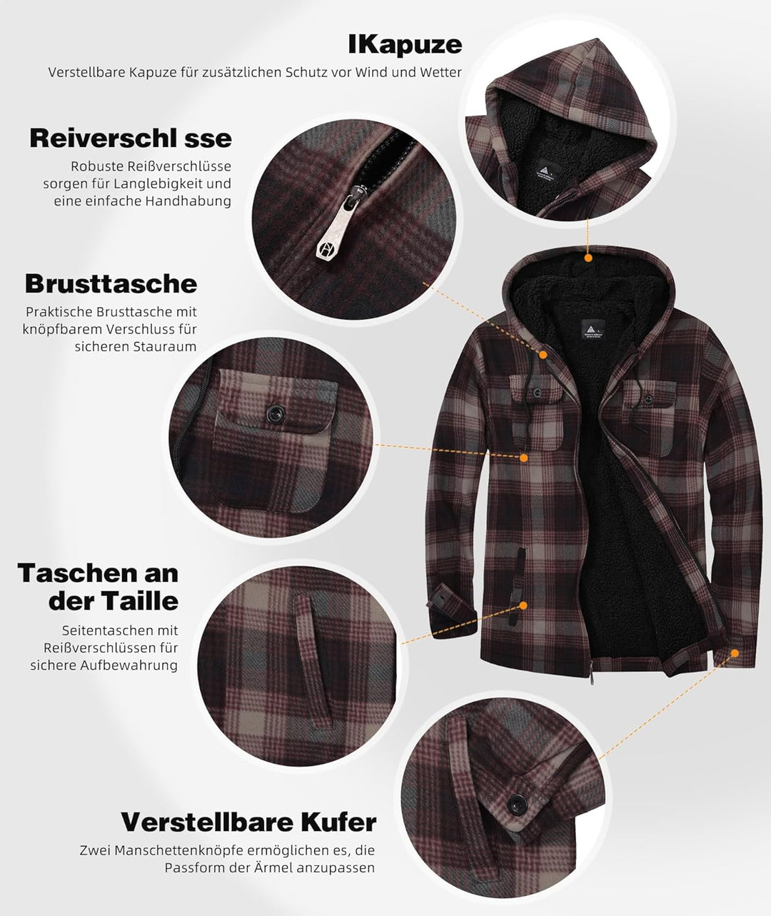 JACKETOWN Hemdjacke Herren Kariertes Winterjacke Thermohemd Fleece Gefüttert Freizeit Jacke mit Kapu