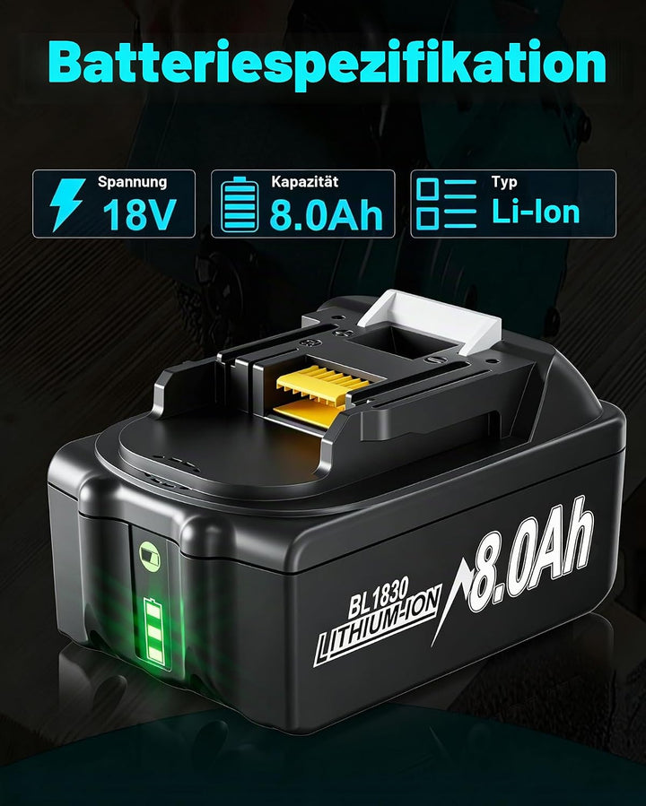 2 Stück 8.0Ah/8000mAh 18V BL1830 Akku mit Ladegerät Ersatzakku für makita Akku BL1830B BL1840 BL1850