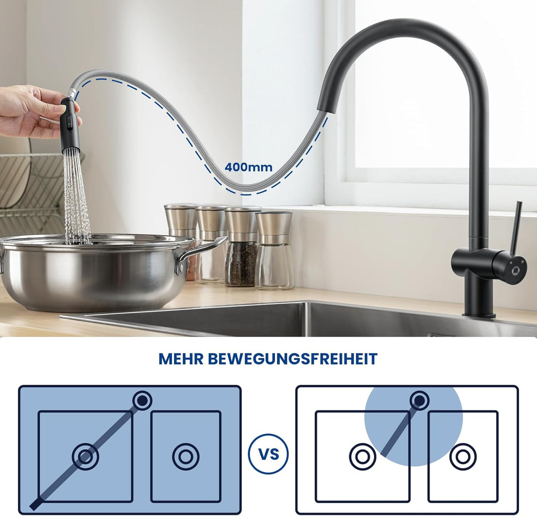 CECIPA Küchenarmatur Schwarz Ausziehbar, Wasserhahn Küche 2 Strahlarten, Spültischarmatur Hochdruck