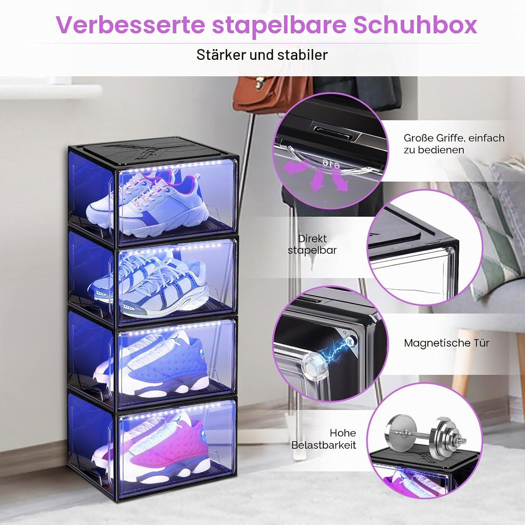 LED Schuhboxen Stapelbar, 2er Set, Schuh-Organizer aus Kunststoff, Schuhaufbewahrung Platzsparend, M