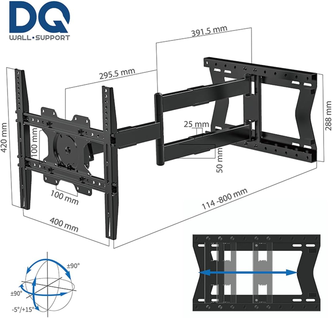 DQ Hercules Pro Flex 80 cm TV-Wandhalterung, Gelenkarm lang, bis zu 80 cm Entfernung, Verlängerung,