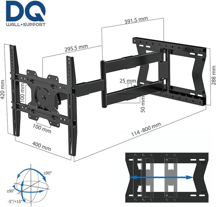 DQ Hercules Pro Flex 80 cm TV-Wandhalterung, Gelenkarm lang, bis zu 80 cm Entfernung, Verlängerung,