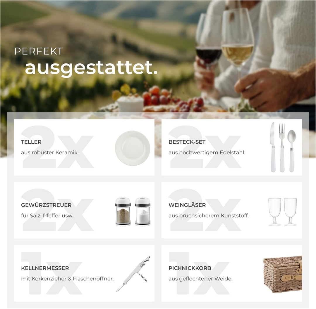 tectake® Picknickkorb 2 Personen, inkl. Kühlfach, befüllter Picnic Basket Weidenkorb für Ausflug, Ca