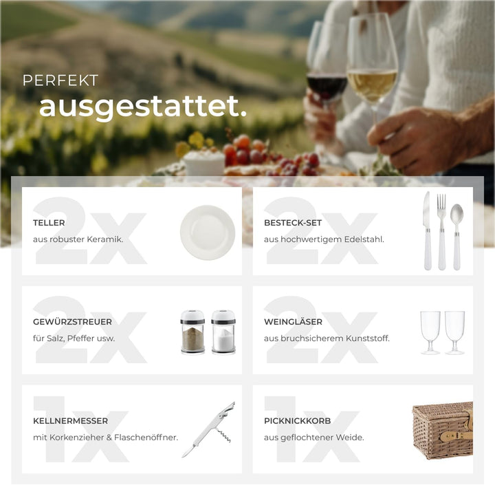 tectake® Picknickkorb 2 Personen, inkl. Kühlfach, befüllter Picnic Basket Weidenkorb für Ausflug, Ca