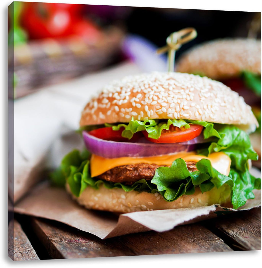 Leckerer Burger und Pommes, Format: 70x70 auf Leinwand, XXL riesige Bilder fertig gerahmt mit Keilra