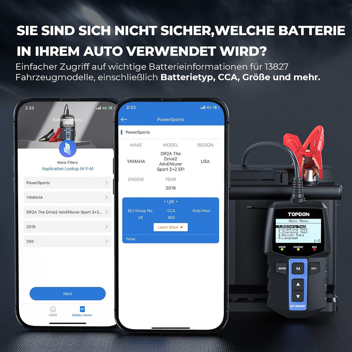 TOPDON BT100W Auto Batterietester 2 in 1, 12V Bluetooth Batterie Analyzer 100-2000 CCA Wechselstromg