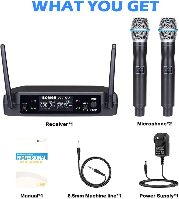BOMGE UHF Metall Dual Handheld Wireless Mikrofone & Systeme für Karaoke, Gesang, Meeting, Party, Kir