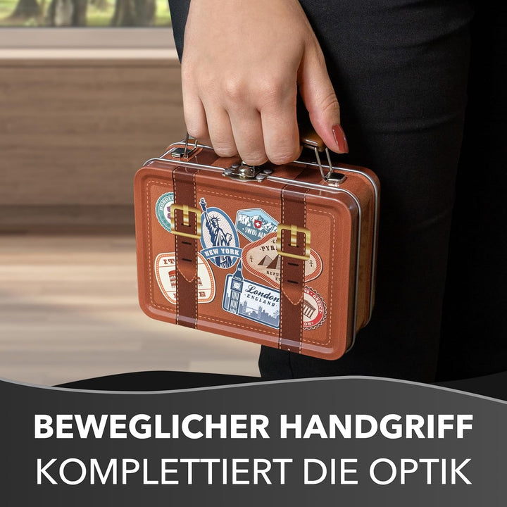 Mini Koffer - Kleine Keksdose mit beweglichem Henkel und Stickern - lebensmittelecht - Vol. ca. 0,8L