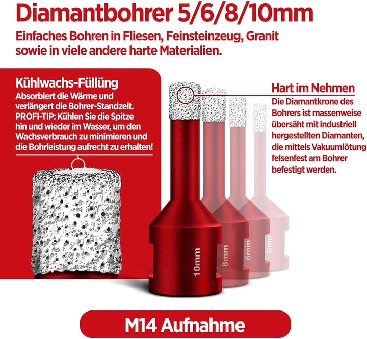 Fliesenbohrer Set 4tlg. 5, 6, 8 10 mm, M14 Premium – Diamantbohrer Set für harte Fliesen und Feinste