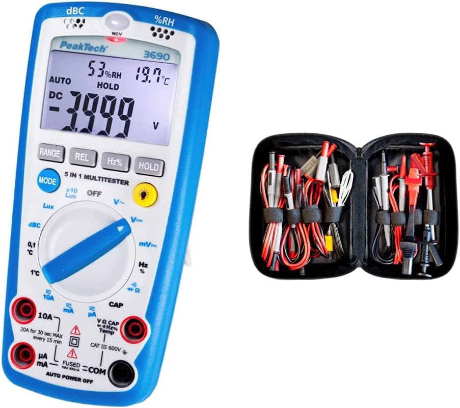 PeakTech 3690 – Digitales 5-in-1 Multimeter & Peak Tech P 8200 – Messzubehör Set für Digital Multime