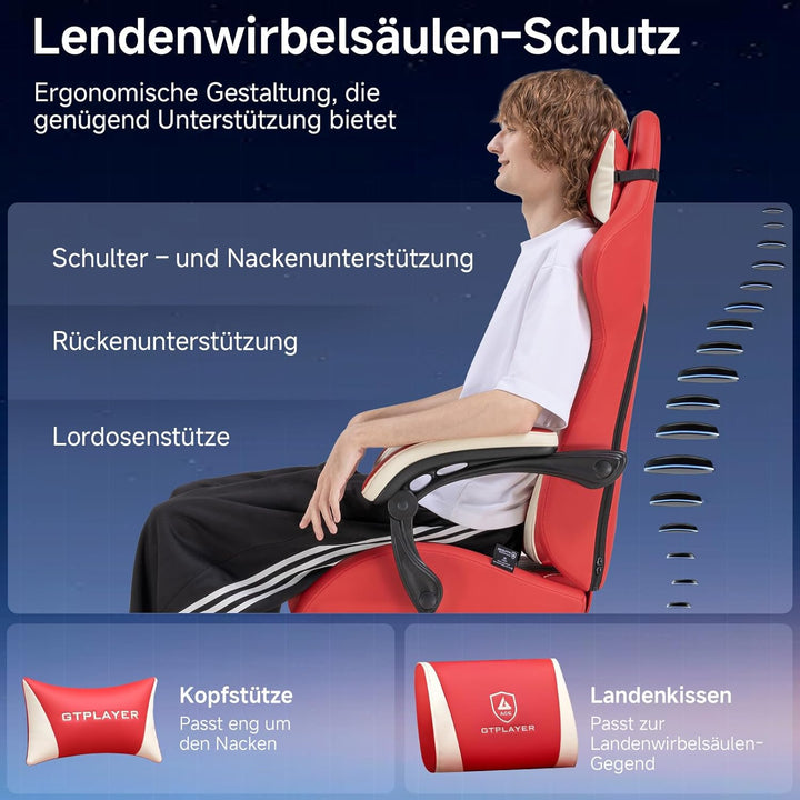 GTPLAYER Gaming Stuhl, Ergonomischer Gamer Stuhl aus PU-Leder mit Lendenwirbelstütze, PC-Stuhl mit v
