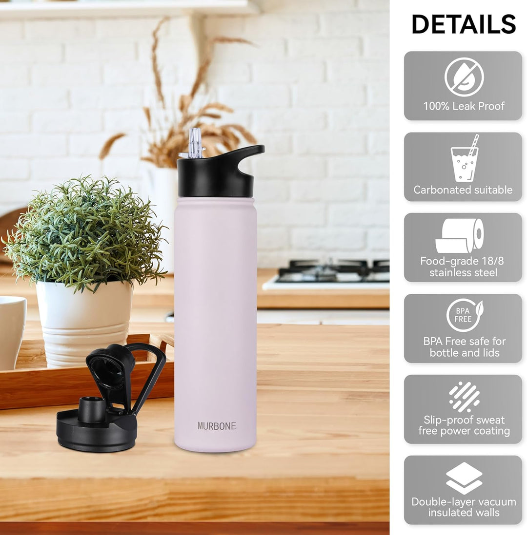 Edelstahl Trinkflasche 750ml (+2 Deckel)-mit Strohhalm,BPA frei,Thermosflasche Auslaufsicher,Kohlens