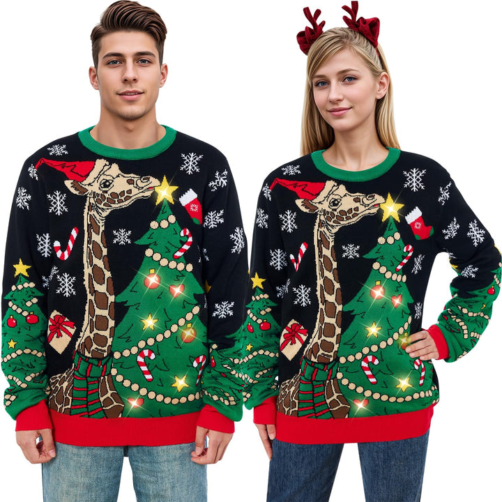 Belovecol Unisex Weihnachtspullover LED Ugly Christmas Sweater Pullover Langarm Strickpullover L Gir