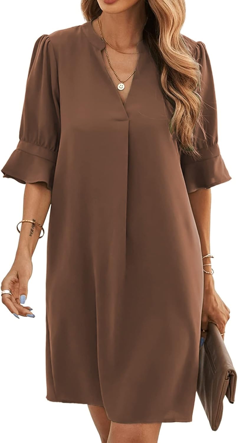 Famulily Frauen V-Ausschnitt Halbarm Hemdkleid Elegant Sommer Casual Einfarbig Kurzes Kleid S-XXL XX