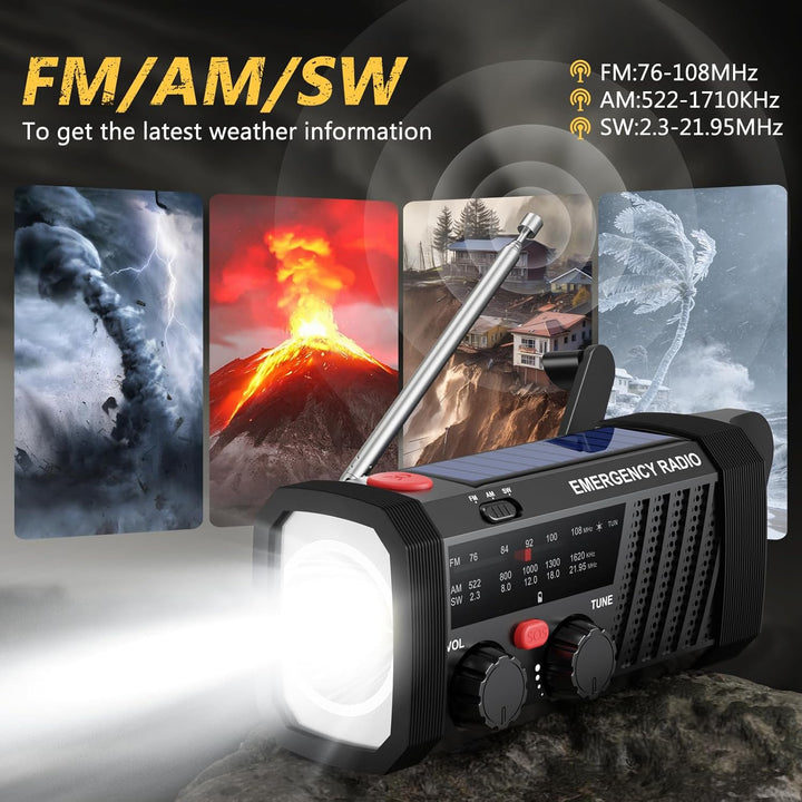 Tragbares Notfallradio, Kurbelradio mit Solar & Batteriebetrieb, AM/FM/SW Dynamo Radio, Taschenlampe