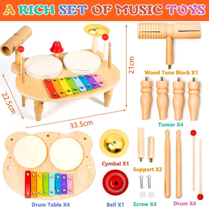 10-in-1 Holz-Musikinstrumente Set – Kinderschlagzeug | Montessori Lernspielzeug mit Xylophon,Trommel