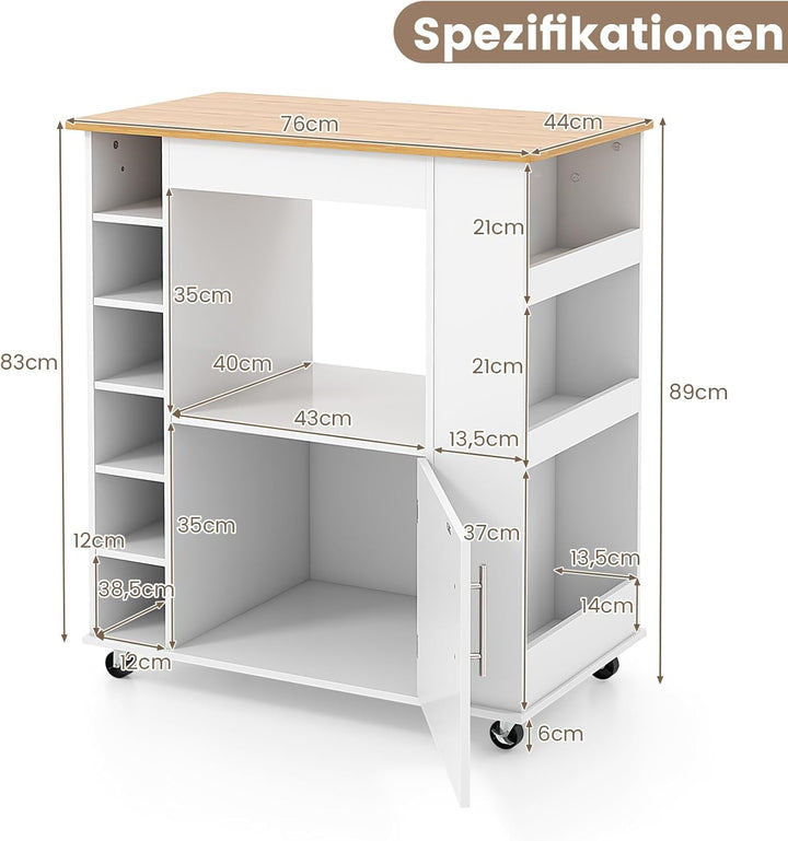 COSTWAY Küchenwagen auf Rollen, Servierwagen mit Arbeitsplatte & Handtuchhalter & Gewürzregalen, Wei