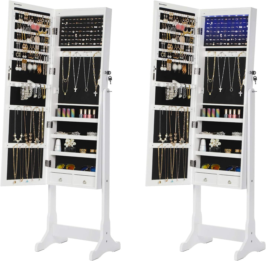 SONGMICS LED Beleuchtung Schmuckschrank, mit Spiegel, 4 Ablagen und 2 kleinen Schubladen, abschliess
