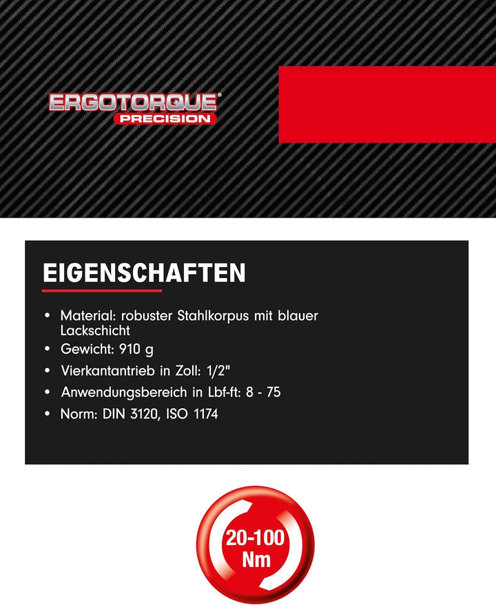 KS Tools Ratschen Drehmomentschlüssel 1/2 Zoll Drehknopf ERGOTORQUEprecision 516.1532 I 20-100 Nm I