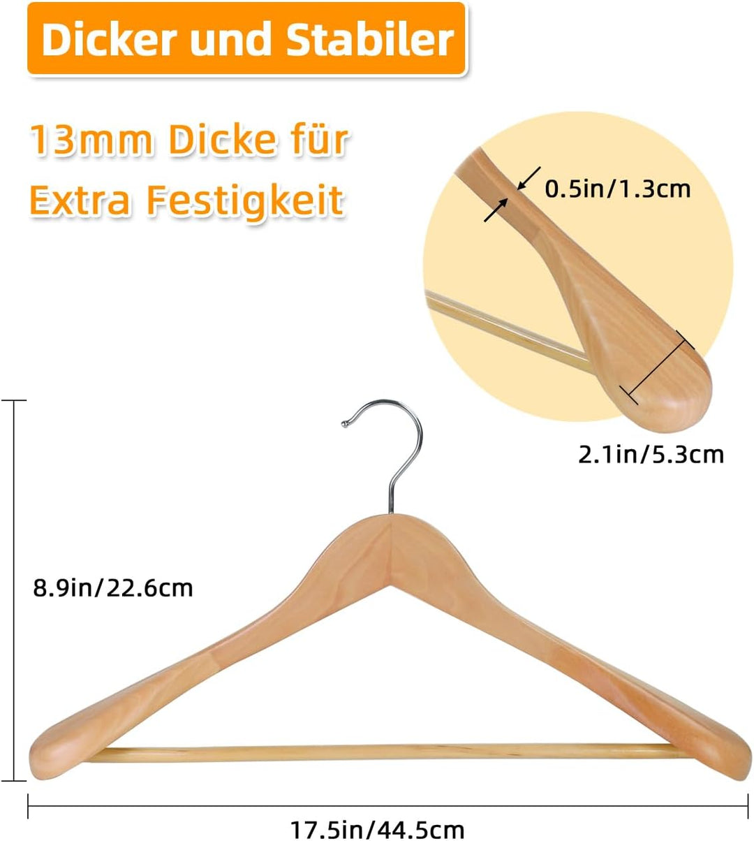 Hangerman Kleiderbügel aus natürlichem Holz, 10 Stück, Kleiderbügel aus Holz, für Jacken, Oberbeklei