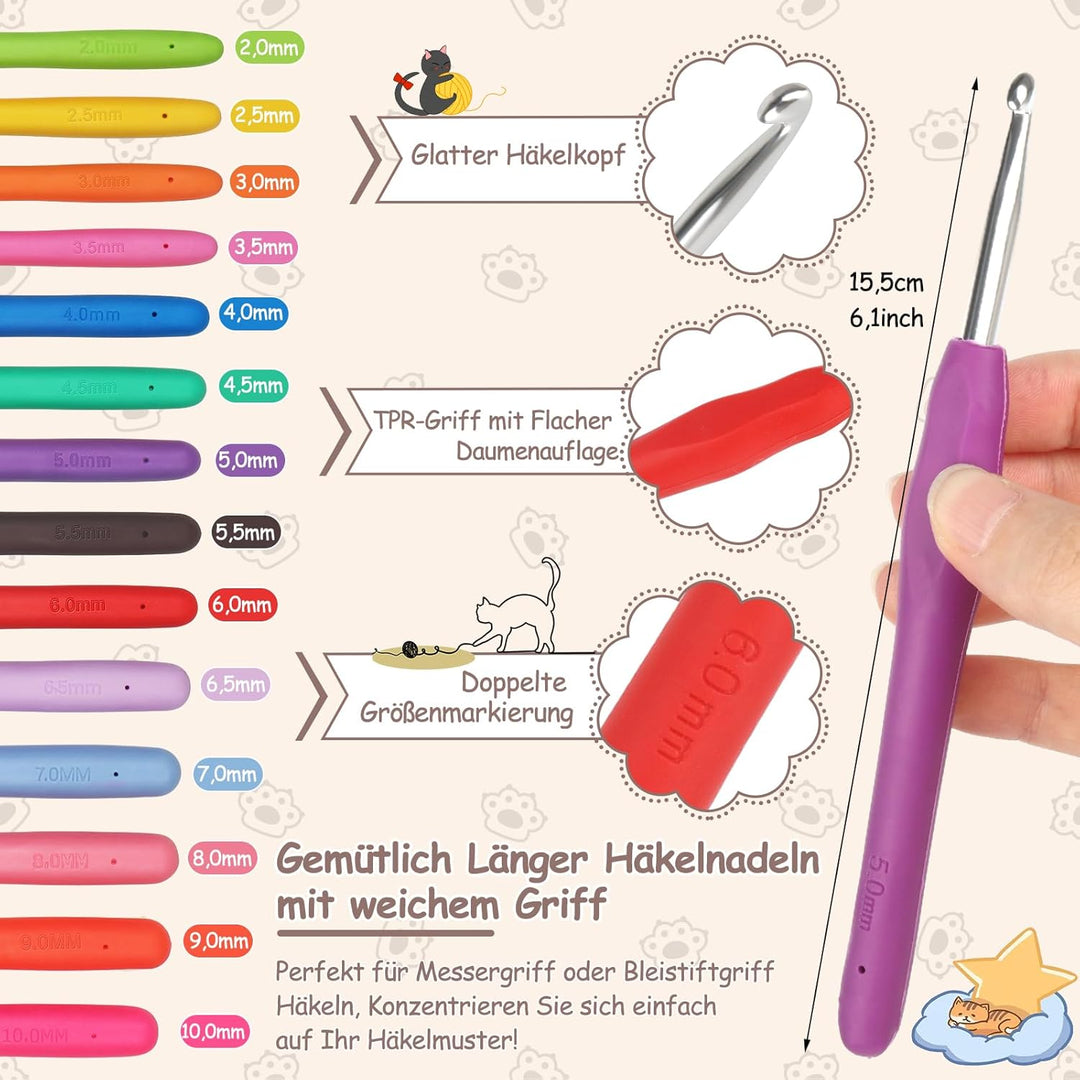 Coopay Häkelnadel Set mit Rolle Tasche, 14 Stück Häkelnadeln für Arthritische Hände, 2,0-10 mm Länge