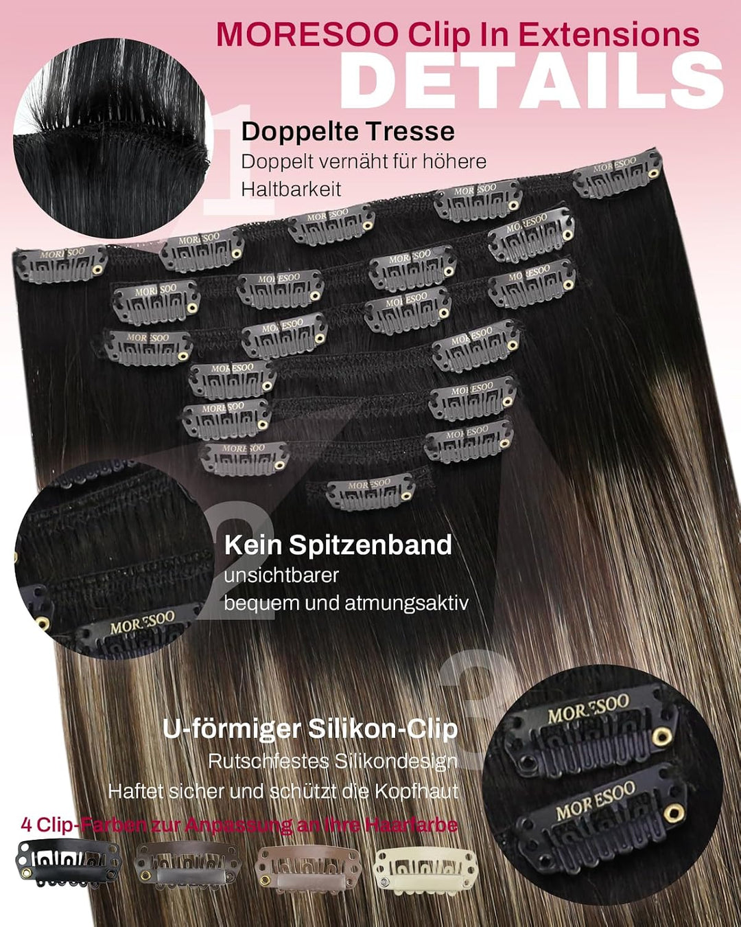 Moresoo Clip in Extensions Echthaar Schwarz Remy Echthaar Extensions Clip in Balayage Haarextension