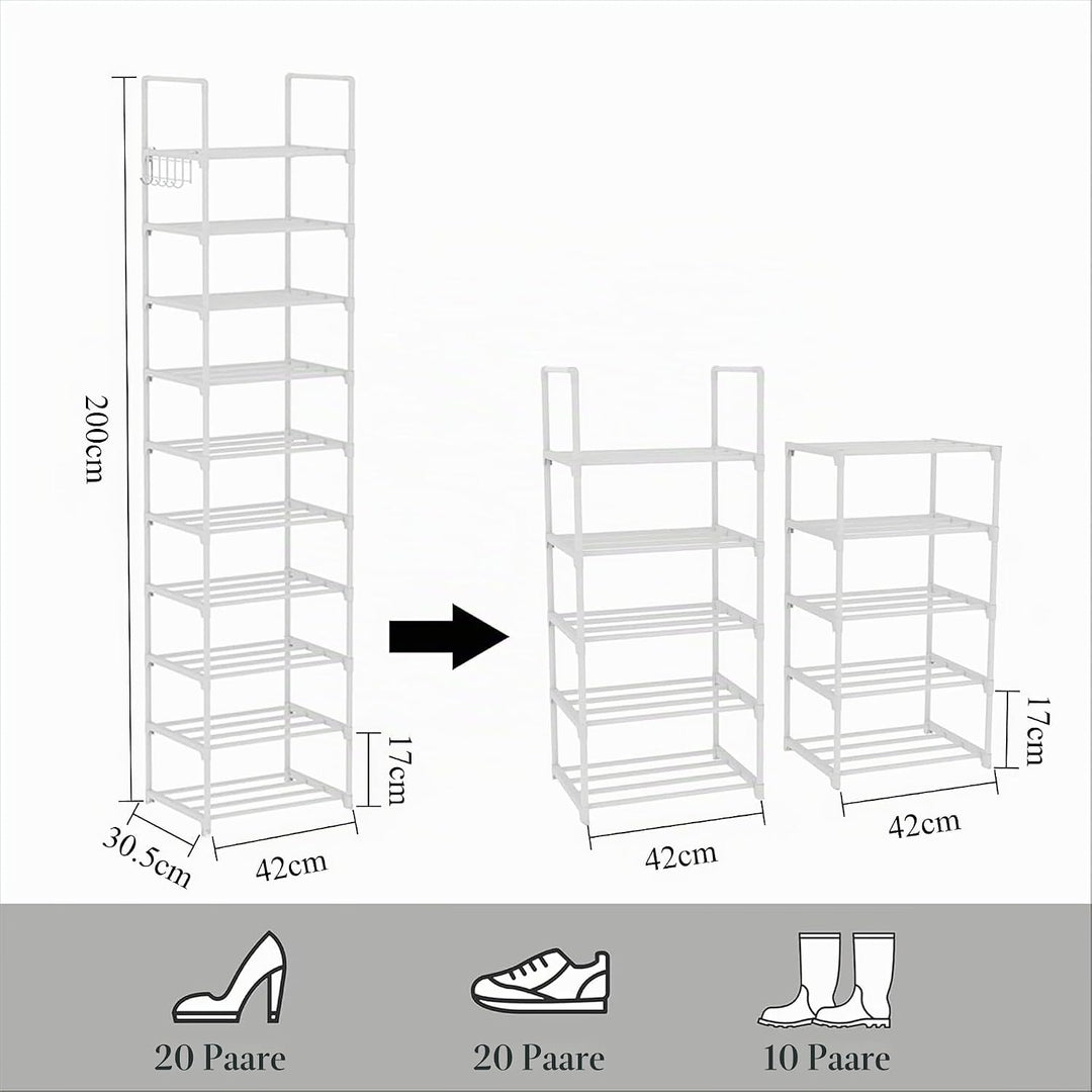 Schuhregal, 10-stufiger Schuh-und Stiefel-Organizer aus Metall, 20 Paar hohes vertikaler Lagerregal