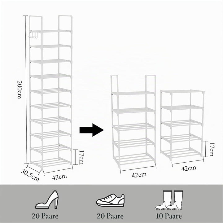Schuhregal, 10-stufiger Schuh-und Stiefel-Organizer aus Metall, 20 Paar hohes vertikaler Lagerregal