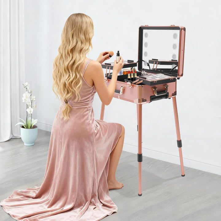 Kosmetikkoffer Trolley mit Spiegel und Licht Mobile Schminkstation Tisch, Einstellbare Höhe und Hell