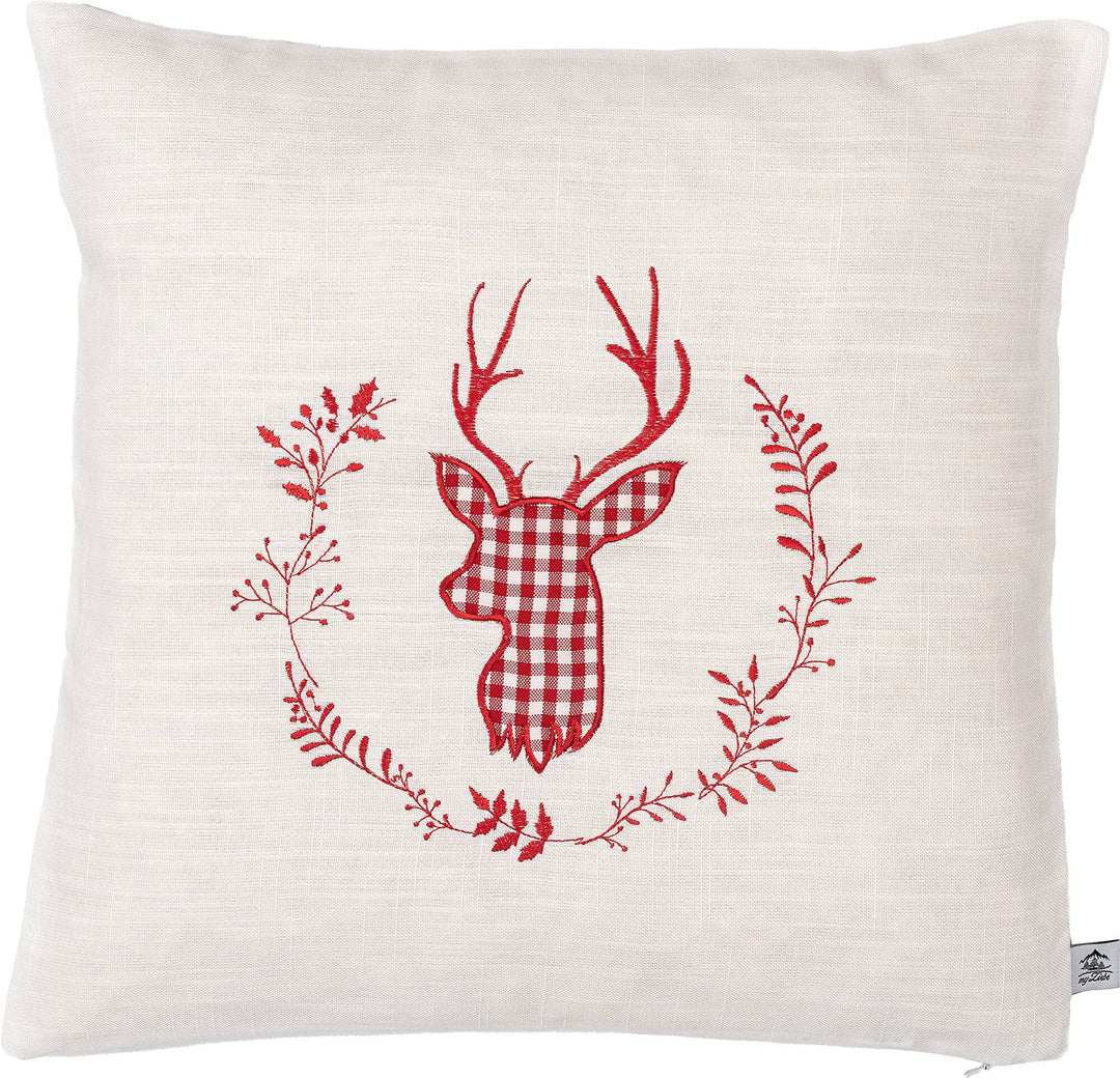 Zirbenkissen beige rot bestickt mit Hirsch Grösse 40x40 cm befüllt mit Zirbenflocken aus Alpen Zirbe