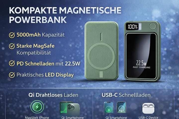Magnetische Powerbank 5000mAh Mini 22.5W PD Schnellladen mit LED Display – kompatibel mit Samsung, M