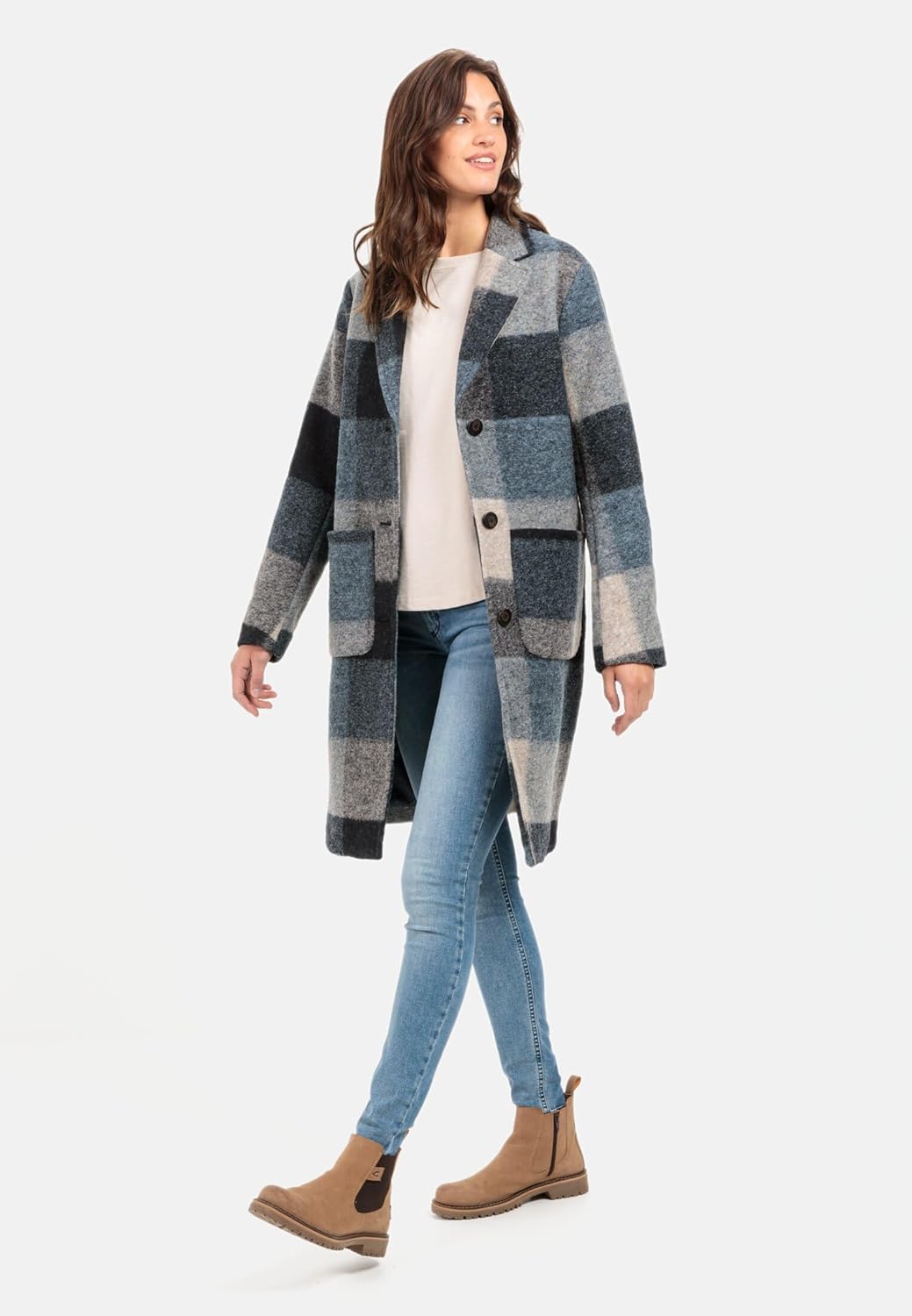 camel active Damen Wollmantel im Karomuster 40 Blau, 40 Blau