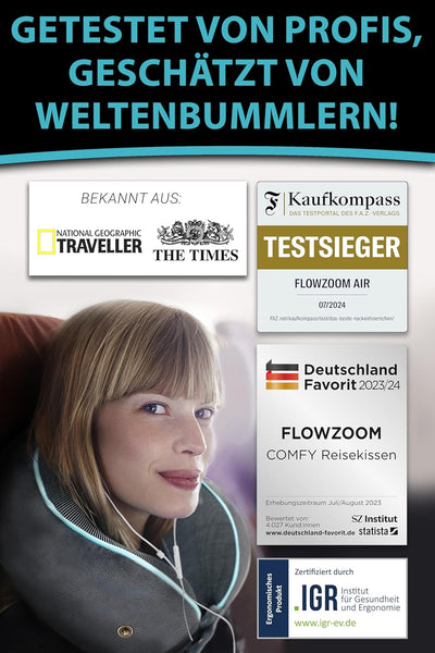 FLOWZOOM® Comfy Nackenhörnchen Nackenkissen Flugzeug & Auto Reise-Kissen aus Memory-Foam mit schmale