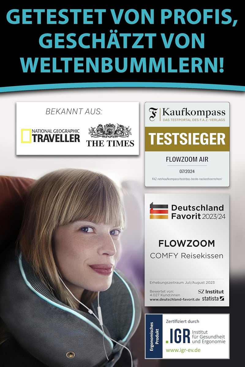 FLOWZOOM® Comfy Nackenhörnchen Nackenkissen Flugzeug & Auto Reise-Kissen aus Memory-Foam mit schmale