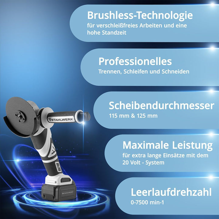 STAHLWERK Akku-Winkelschleifer 20 V Brushless (AWS-20 ST) – inkl. 4Ah Li-Ion Akku, Ladegerät, Maschi