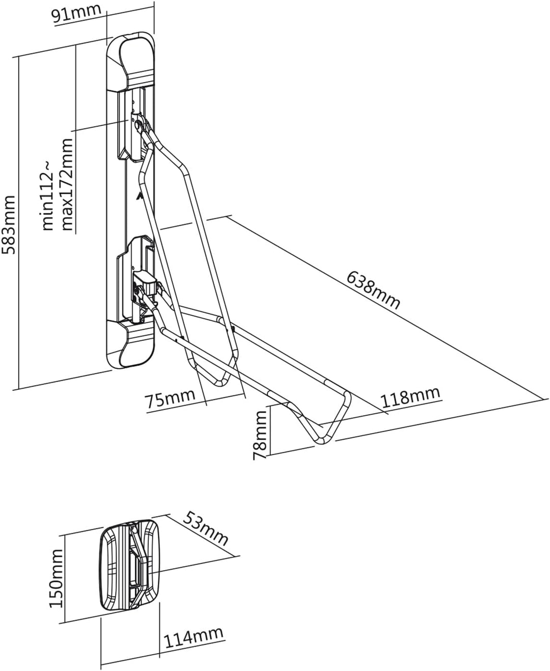 Maclean MC-471 Vertikaler, schwenkbarer und klappbarer Fahrradhalter für die Wand, 5-stufige Höhenve